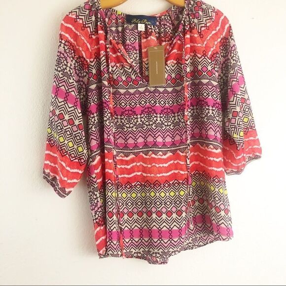 Blue rain printed orange 3/4 sleeve tie front blouse size S - Picture 1 of 5
